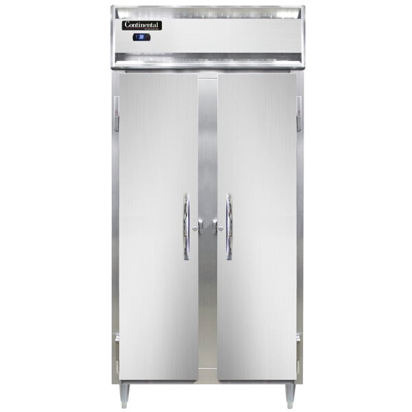 A Continental stainless steel reach-in refrigerator with two narrow solid doors.