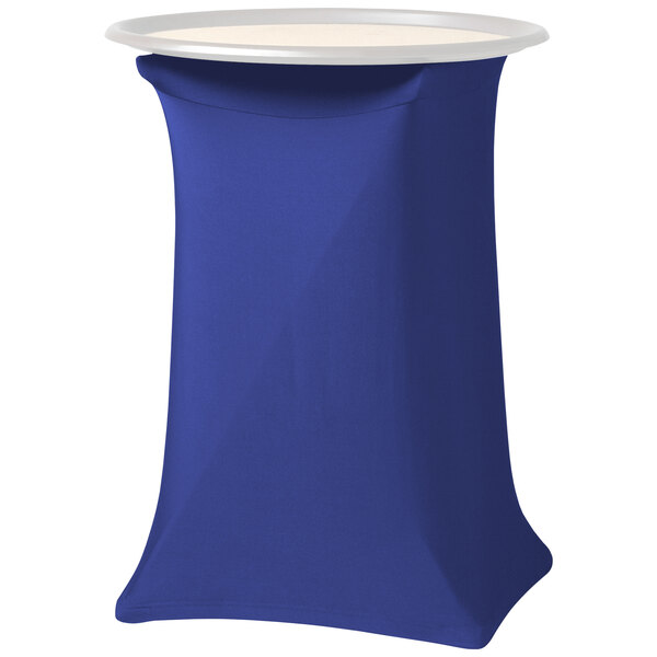 A Snap Drape royal blue spandex tray stand cover on a table.