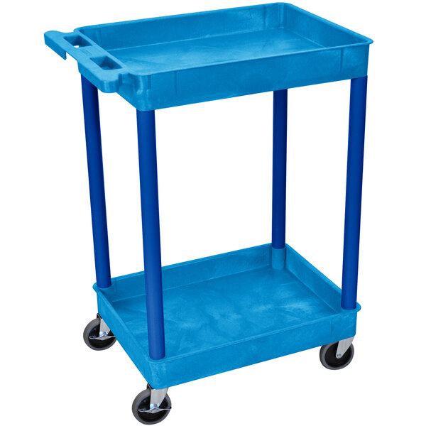 A blue Luxor plastic utility cart with two shelves and wheels.