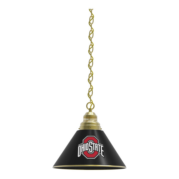 A brass pendant light with a black and gold Ohio State University logo.