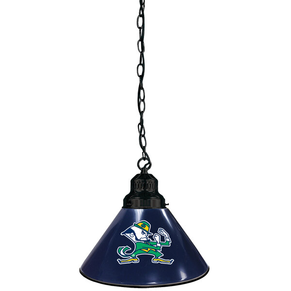 A black lamp with a green and white University of Notre Dame leprechaun logo on the shade.