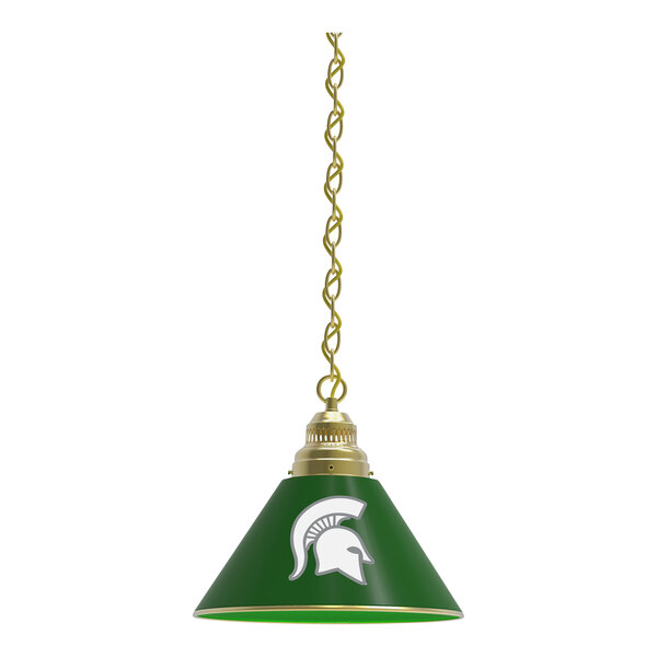 A brass pendant light with a green and white Michigan State University helmet shade.