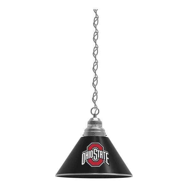 A chrome pendant light with a red Ohio State University logo.