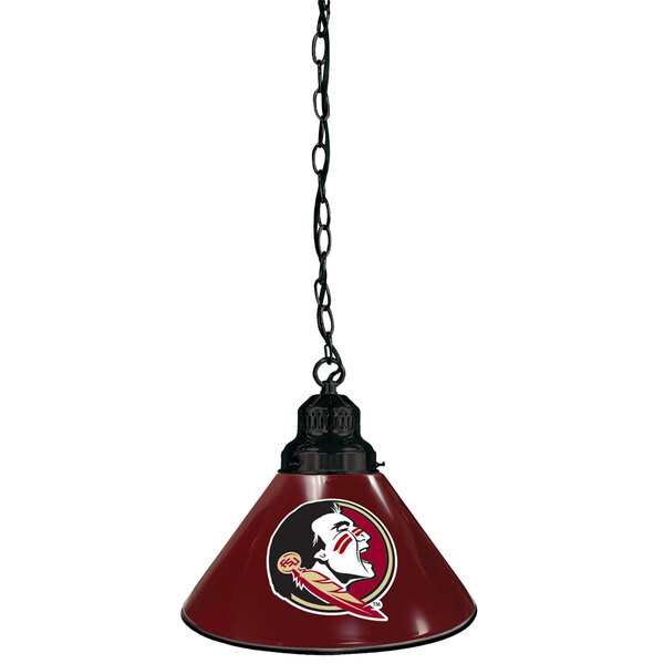 A Florida State University pendant light with the Seminoles logo on a chain over a white background.