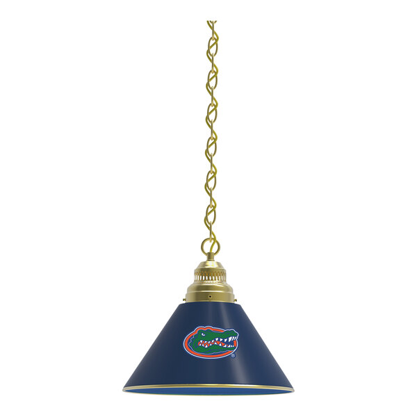 A blue lamp shade with a University of Florida gator logo on it.