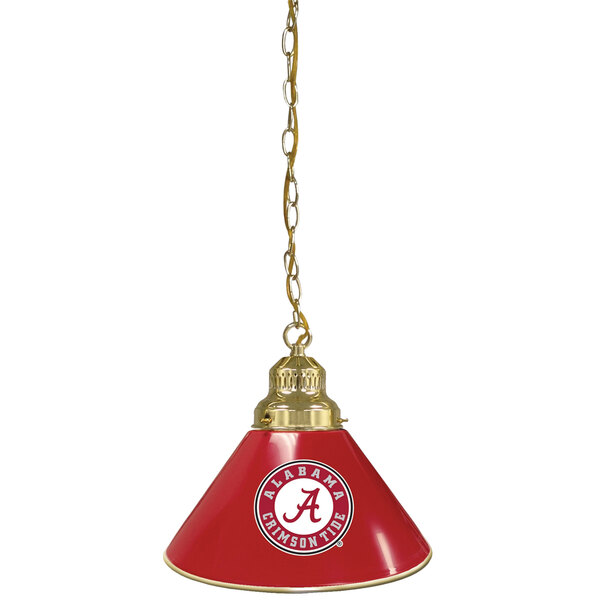 A red lamp shade with a white University of Alabama logo hanging from a chain.