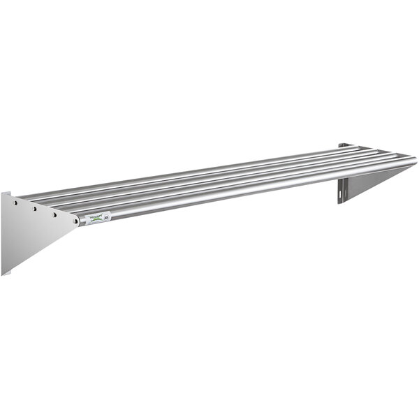 A Regency stainless steel wall mounted shelf with metal bars.