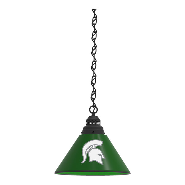 A green pendant light with a white Michigan State University logo.
