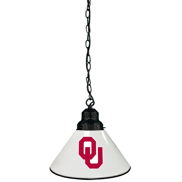 A white hanging lamp with a red University of Oklahoma logo on it.