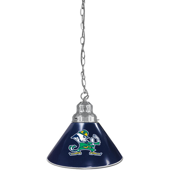 A blue lamp with a green University of Notre Dame logo on it.