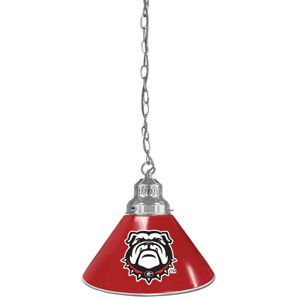 A red pendant light with a white University of Georgia bulldog logo hanging from a chain.