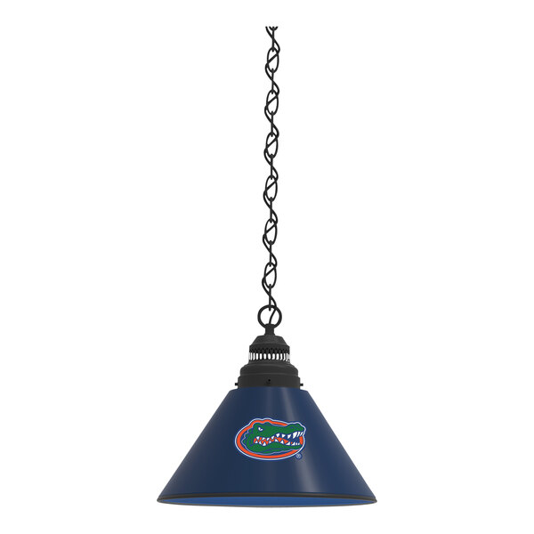 A black pendant light with a blue University of Florida logo on it.