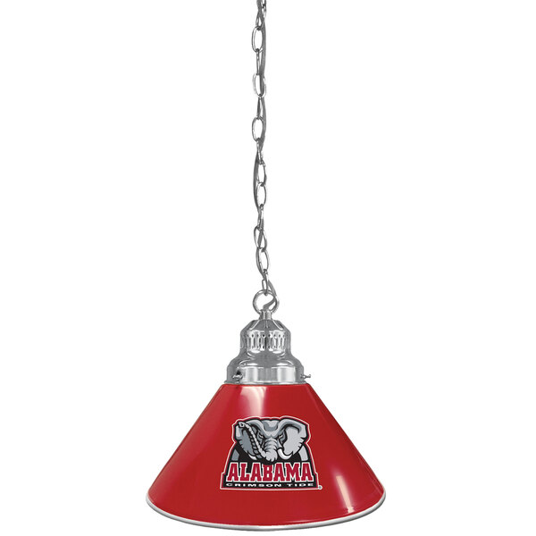 A chrome pendant light with the University of Alabama logo on a red lampshade hanging from a chain.