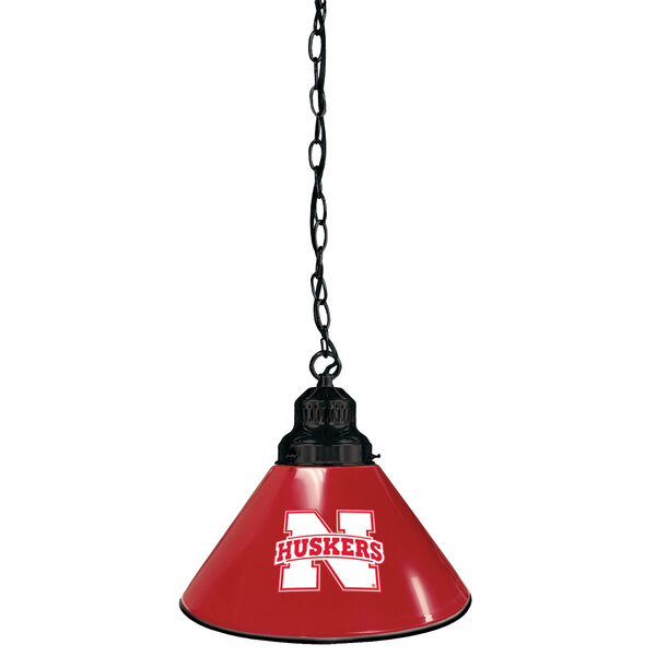 A black pendant light with the University of Nebraska Huskers logo in white.