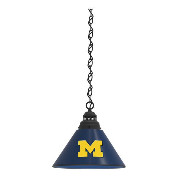 A black pendant light with a blue shade featuring a yellow M and the word "Michigan" on it.