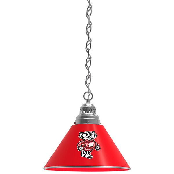 A red lamp with a University of Wisconsin logo on the shade.