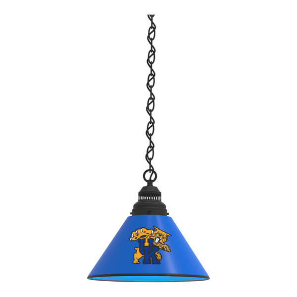 A black pendant light with a blue University of Kentucky logo on it.