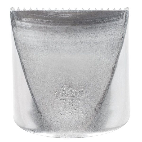 A silver metal Ateco Cake Icer Piping Tip with a text on it.