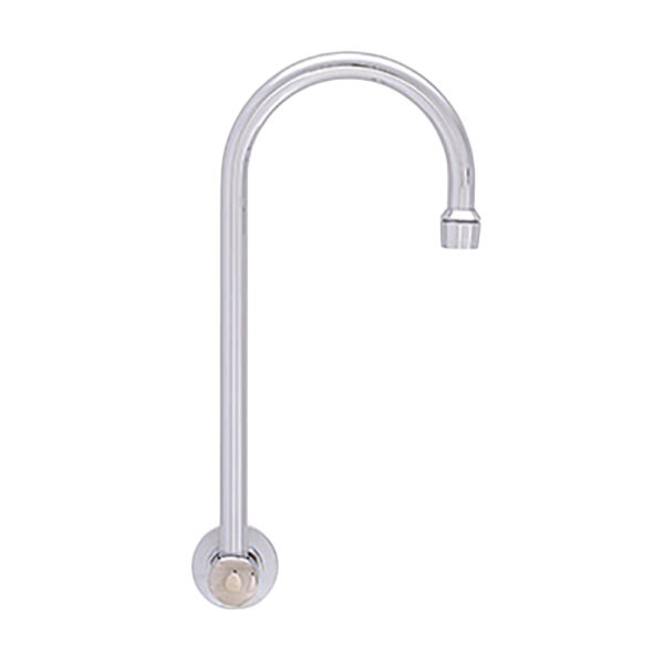 A stainless steel Fisher wall mount faucet with a round knob and swivel gooseneck nozzle.