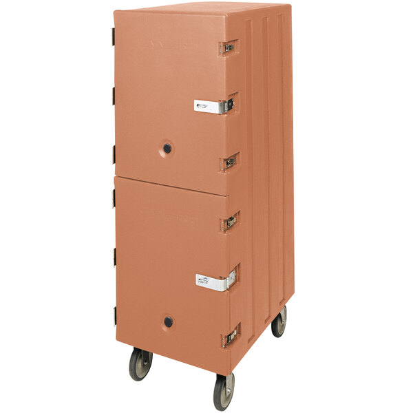 A beige Cambro double compartment food storage box carrier on wheels.