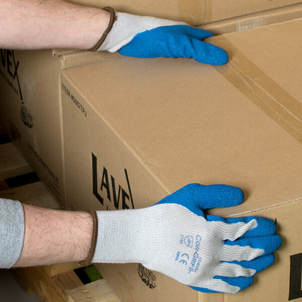 Cordova Cor-Grip Gray Polyester / Cotton Grip Gloves with Blue Crinkle Latex Palm Coating - 12/Pack