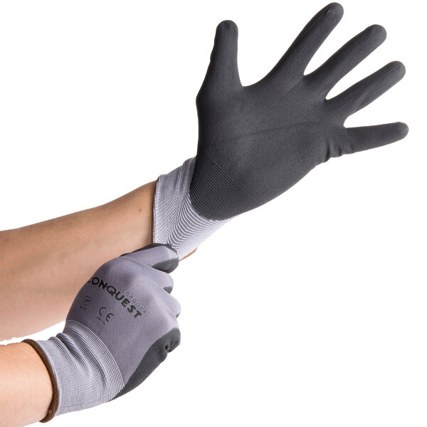 Conquest Gray Nylon / Spandex Gloves with Black Foam Nitrile