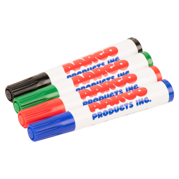 A pack of Aarco dry erase markers with red, blue, and green writing.