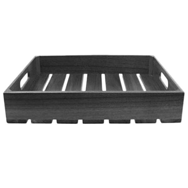 A black wooden Tablecraft serving crate with rows of bars.