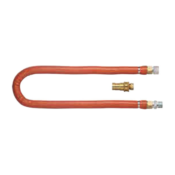 A pair of orange Dormont steam connector hoses with brass fittings.