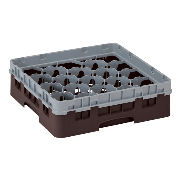 A brown plastic Cambro glass rack with 20 compartments.