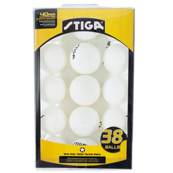 A package of white Stiga ping pong balls.