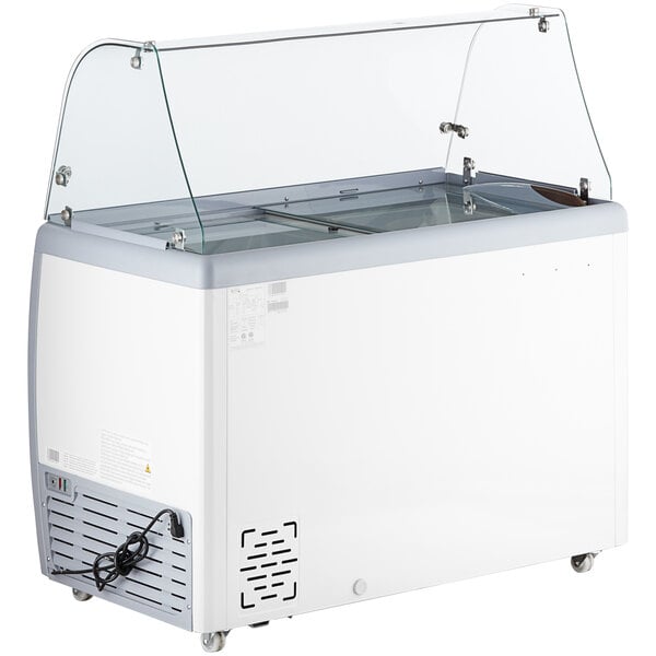 An Avantco white ice cream dipping cabinet with a clear glass top.