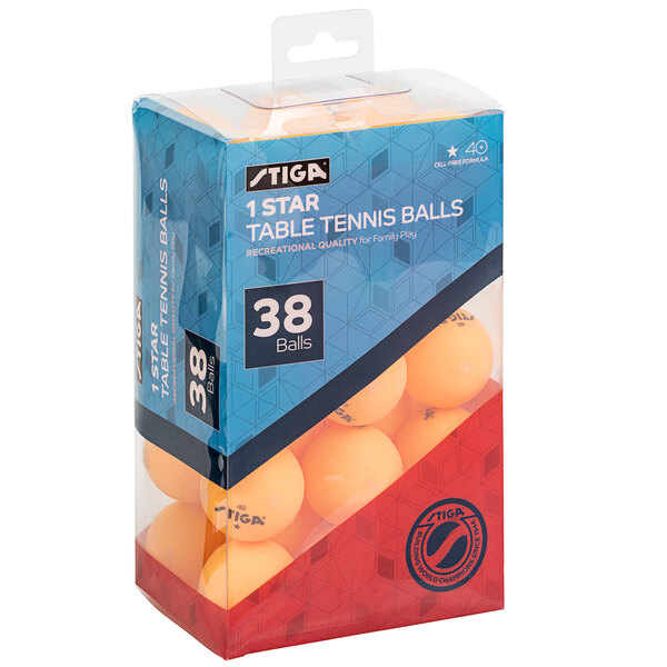 A box of 38 orange Stiga ping pong balls.