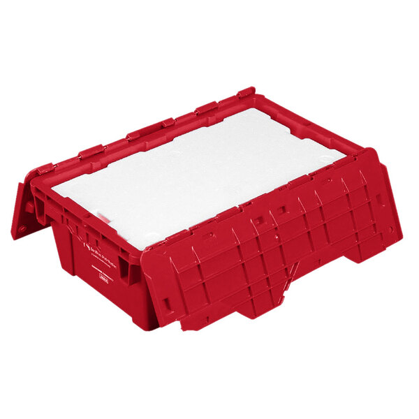 A red plastic container with white foam.