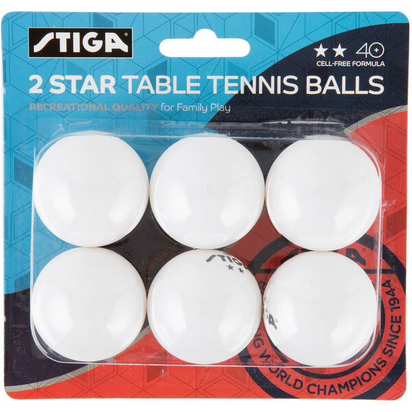 A pack of Stiga 2-Star white ping pong balls in a plastic package.