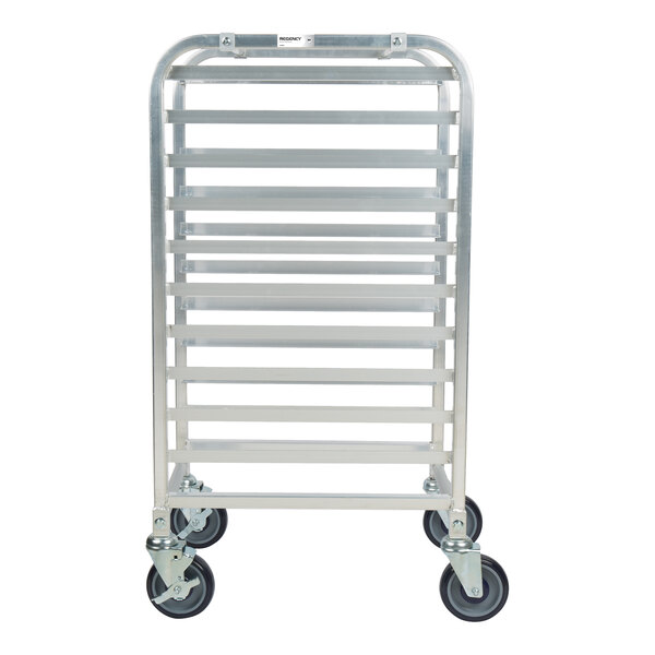 A metal rack with ten horizontal slots and four caster wheels, designed for holding trays or pans.