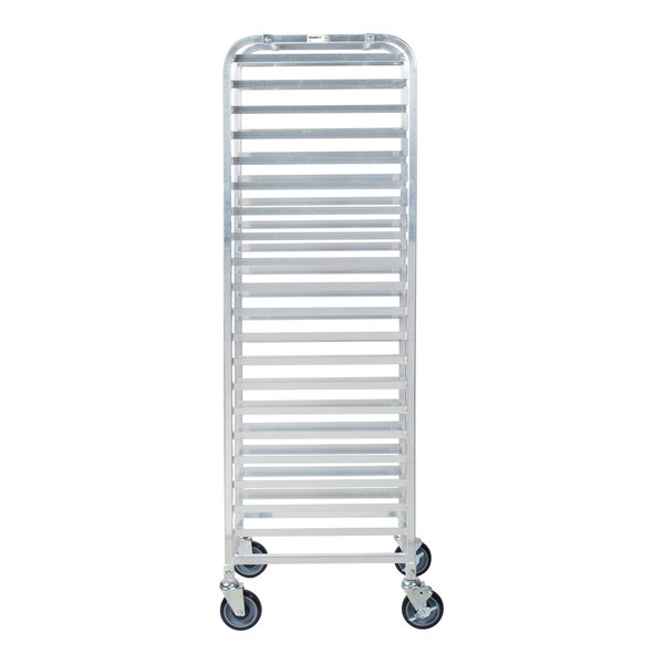 A tall, silver metal rack with multiple horizontal slots and four caster wheels at the base.