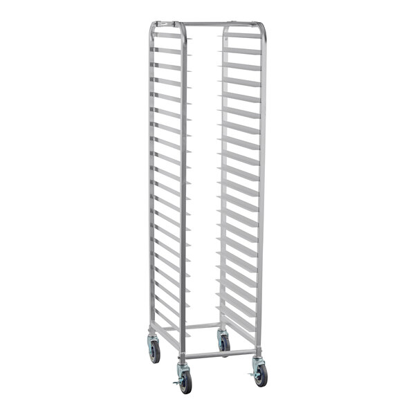 A tall, metal rack with multiple horizontal slots and four caster wheels at the base.