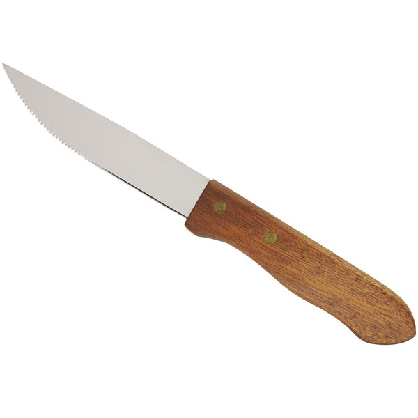 A Walco stainless steel steak knife with a jumbo wood handle.