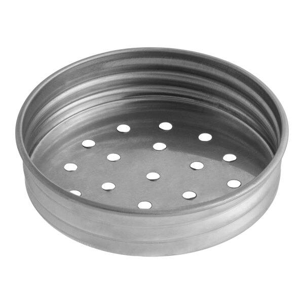 A round, metallic lid with multiple evenly spaced holes on the top surface.