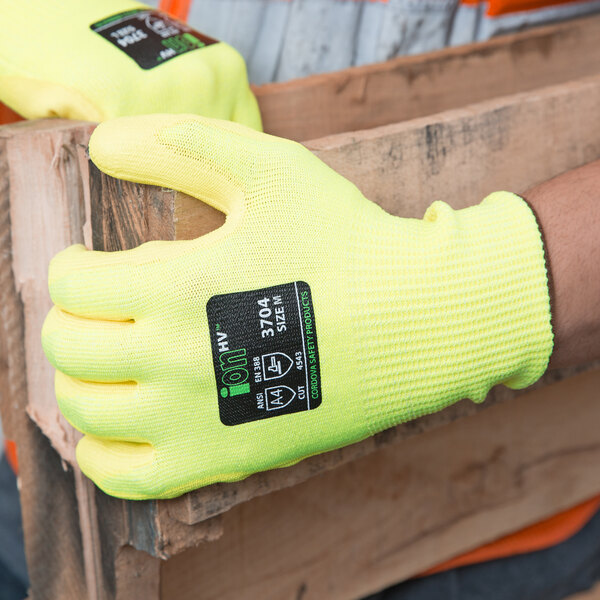 Cordova iON HV Hi-Vis Yellow HPPE / Glass Fiber Synthetic Fiber Cut Resistant Gloves with Hi-Vis Yellow Polyurethane Palm Coating