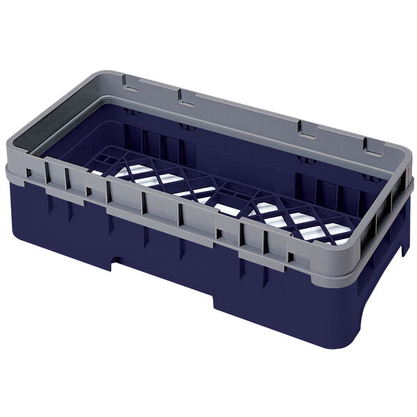 A navy blue plastic Cambro dish rack with an open base.