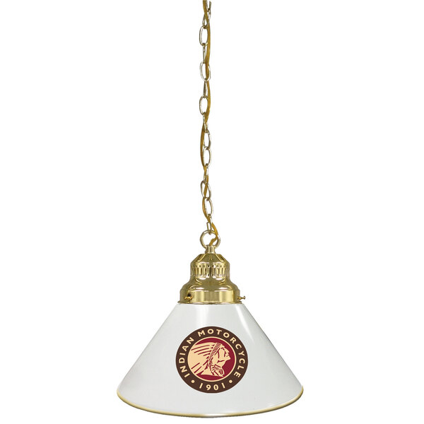 A white lamp shade with a brass Indian Motorcycle logo.