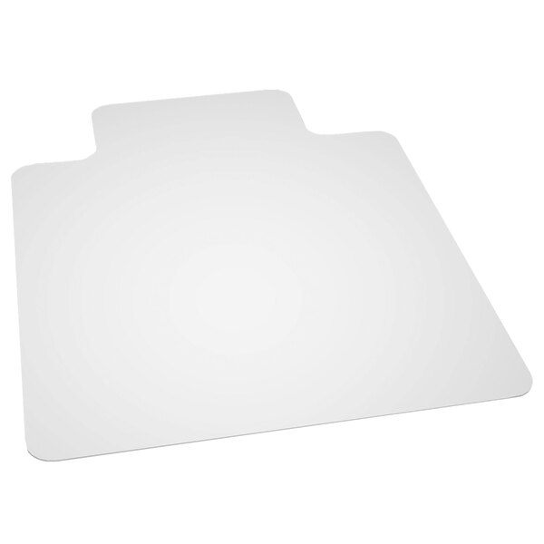 A clear vinyl rectangular office chair mat with a curved edge and a lip.