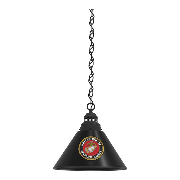 A black metal pendant light with a United States Marine Corps logo on it.