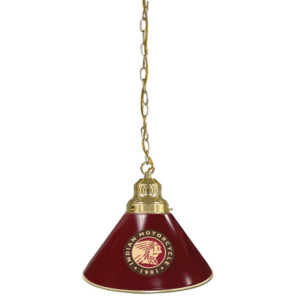 A brass pendant light with a red and gold Indian Motorcycle logo lamp shade and chain.