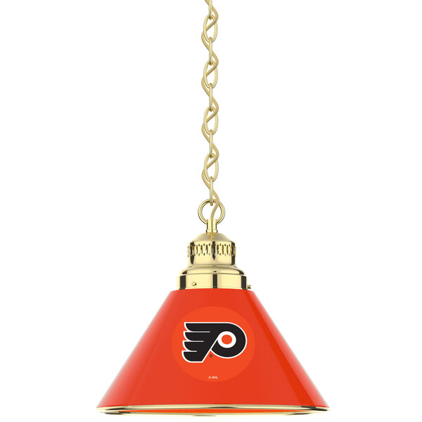 A red 1-light pendant lamp with the Philadelphia Flyers logo on it.