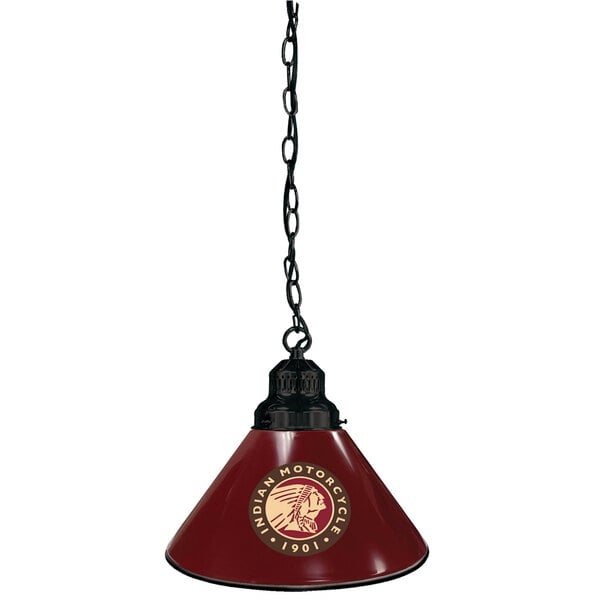 A black pendant light with Indian Motorcycle logo.