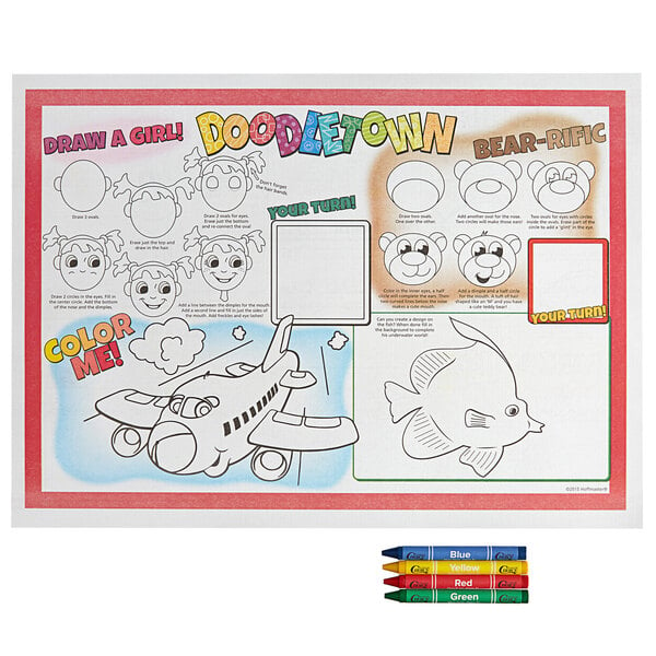 Hoffmaster Doodletown Fun Double-Sided Interactive Placemat with Choice 4  Pack Kids Restaurant Crayons - 1000/Set