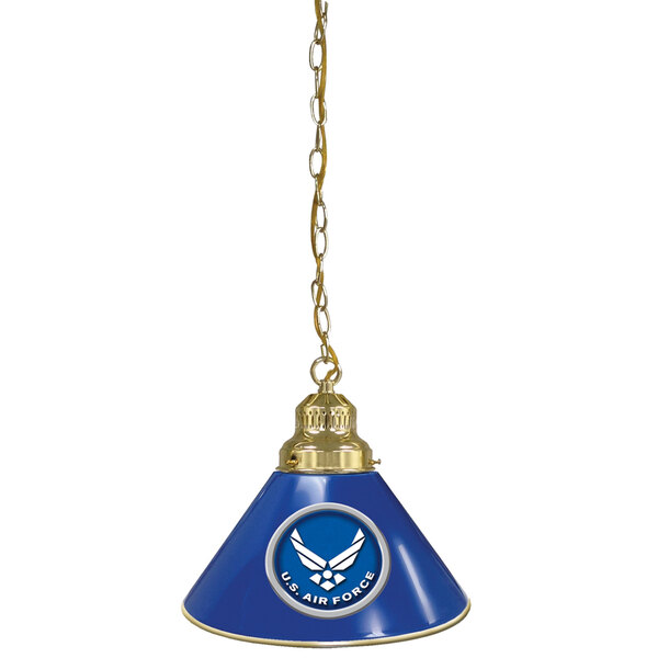 A blue lamp shade with a blue and gold United States Air Force logo on it.